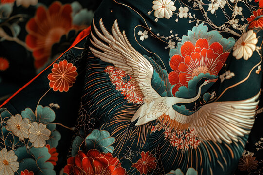 Close-up of fabric with detailed crane embroidery and vivid floral patterns