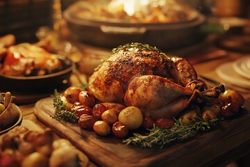 A beautifully roasted turkey surrounded by vegetables on a wooden table, evoking a festive meal.