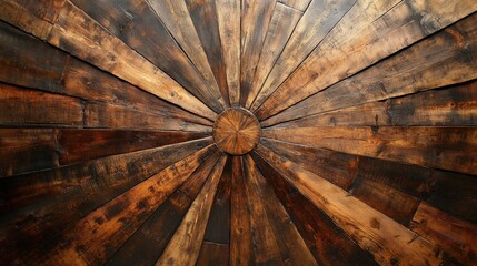 Beautiful wooden ceiling design showcasing intricate radial pattern in warm tones and rustic charm. Generative AI