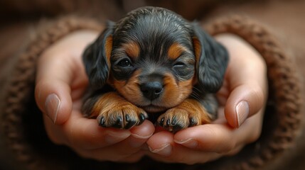 Tiny dachshund puppy sleeping peacefully in gentle hands.