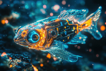 Cybernetic fish with neon details and intricate glowing patterns underwater