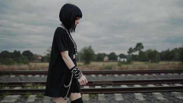 Goth girl walks along railway tracks in an industrial setting under a cloudy sky