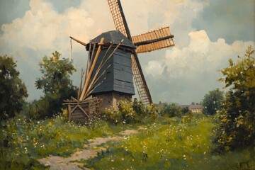 19th Century Windmill Painting with Muted Colors