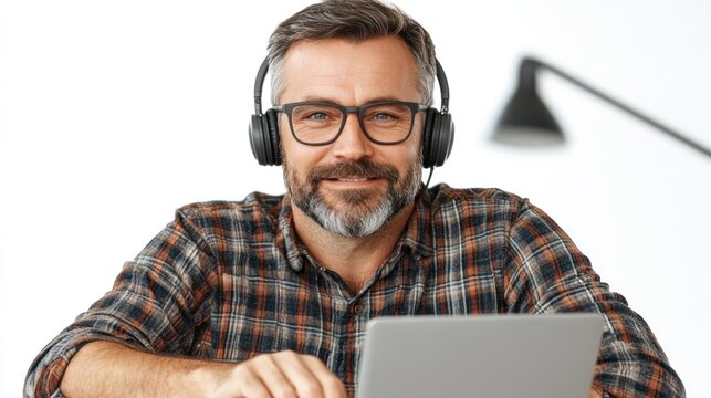 A man with glasses and headphones smiles as he looks at his laptop. This image could be used for online learning, remote work, or customer service applications.