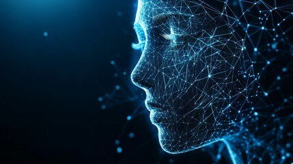 Digital face, glowing lines, dark background, abstract.