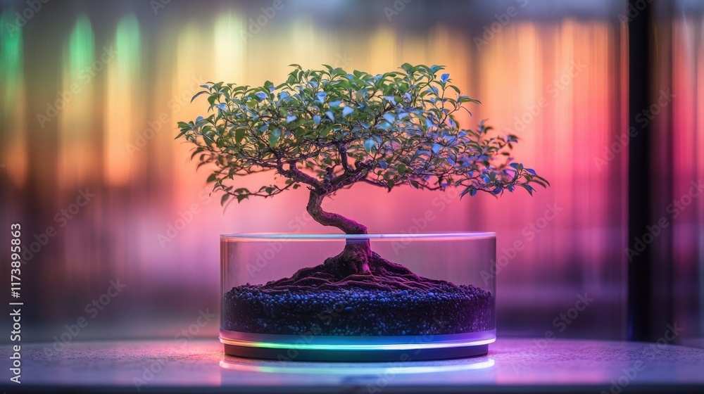Poster bonsai tree illuminated by vibrant colors in modern display during evening hours. generative ai