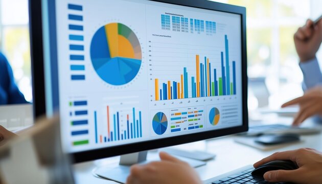 Analyst Working On Data Analysis Or Bi Dashboard On Computer Monitor In Corporate Office For Marketing And Strategy Planning: Trailblazing With Fintech.