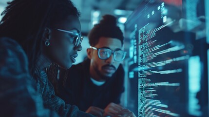 Female developer, woman collaborating in a team on futuristic technology projects, digital screens displaying holograms and coding. The innovation, technological advancements, tech business