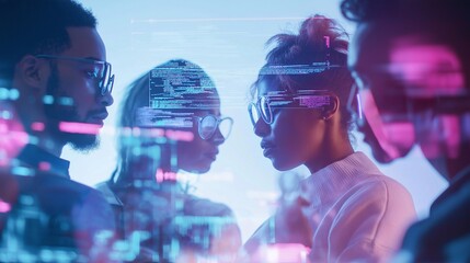 Female developer, woman collaborating in a team on futuristic technology projects, digital screens displaying holograms and coding. The innovation, technological advancements, tech business