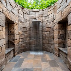 Fototapeta premium Open-air spa shower surrounded by natural stone walls and cascading water features