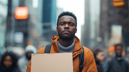 Naklejka premium A polluted cityscape, a mature black man holding copy space advocating for climate action. The empty protest sign, the city environment, the urgency and commitment to change, crowded background