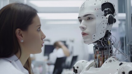 A young asian woman closely observing a humanoid robot, the connection between humans and AI in modern technology. A robotics, innovation, the future of technology, creative future perspectives