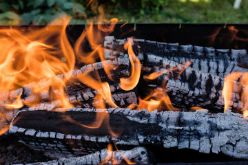 Burning firewood on the barbecue, in close-up