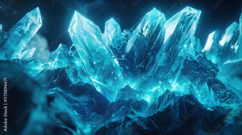 Poster crystalline structures illuminated by galactic light fantasy landscape 3d image hyperrealistic style