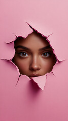 Stylized Portrait of a Woman Peeking Through a Torn Circular Hole in a Pink Background,...