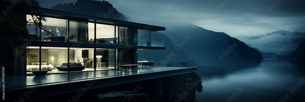 Poster modern architecture showcases elegant design by the serene lakeside at twilight. generative ai