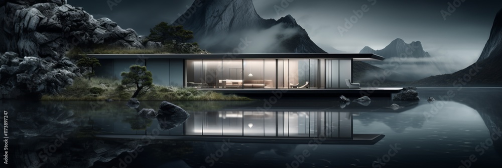 Poster serenity found in modern architecture by a tranquil mountain lake at dusk. generative ai