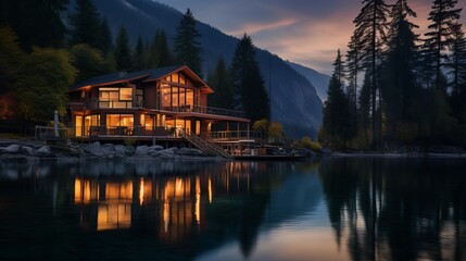 Fototapeta premium Tranquil lakeside retreat reflects twilight colors in serene mountain landscape. Generative AI