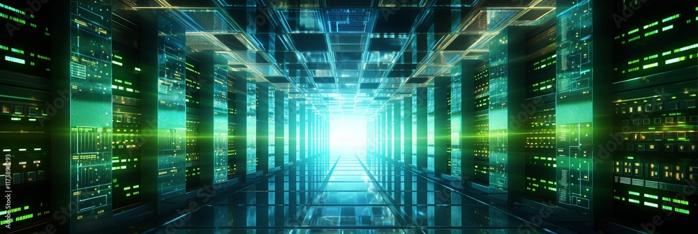 Poster futuristic data center with vibrant lights illuminating the pathway. generative ai