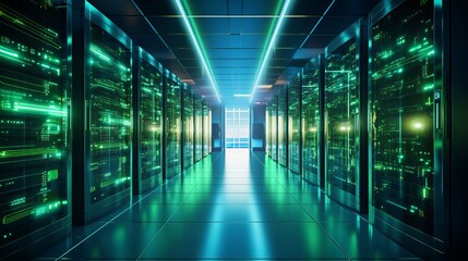 Glowing data center corridor showcasing vibrant technology and innovation. Generative AI
