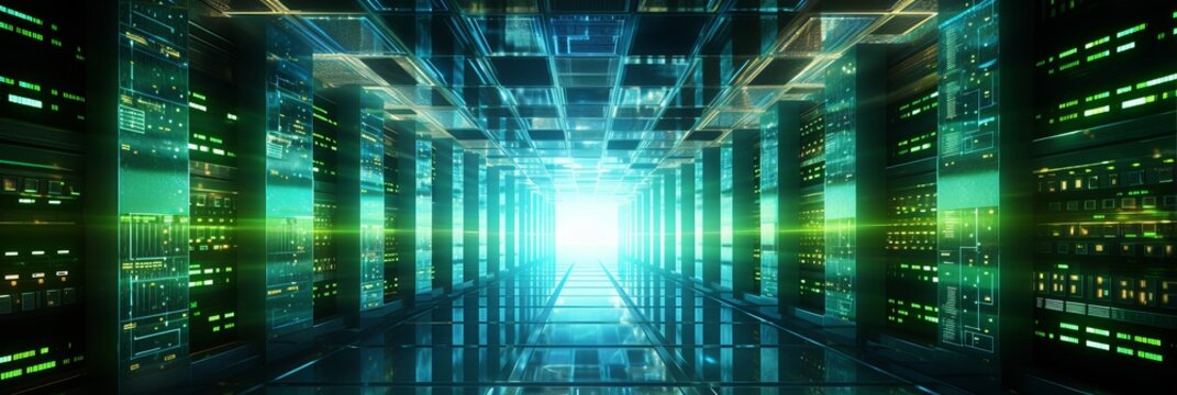 Futuristic data center with vibrant lights illuminating the pathway. Generative AI