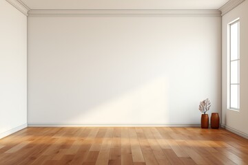Bright and airy room with wooden floors and decorative vases in sunlight. Generative AI