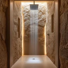 Fotobehang Rainfall shower with glowing backlights, natural stone walls, and a spa-like vibe © Photo18@desing