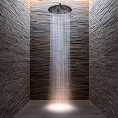 Rainfall shower with glowing backlights, natural stone walls, and a spa-like vibe