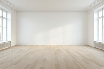 Fototapeta premium Spacious and bright interior with warm wooden flooring and natural light. Generative AI