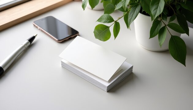 Business card mockup on desk with simple, uncluttered layout, soft lighting, no people or additional objects