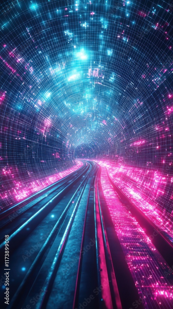 Aufkleber futuristic galactic journey through digital grid tunnel sci-fi universe 3d visualization cyber envir