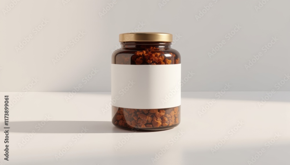 Poster jar label mockup, minimalistic design, clear label, realistic texture and reflections with copy spac