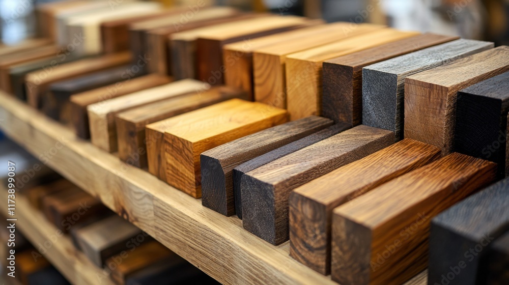 Poster craftsmanship shines in a display of finely crafted wood blocks in varying tones and textures at a l