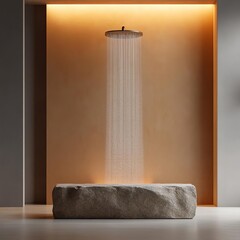 Rainfall shower with soft amber lighting, luxurious stone bench, and minimalistic decor