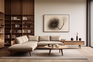 Modern living room interior design featuring minimalist furnishings and art. Generative AI