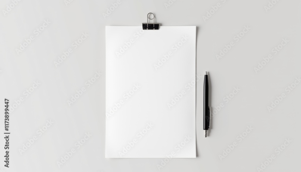 Poster clean a4 paper mockup with ballpoint pen near top edge, minimalist style on light surface