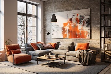 Cozy modern living room with artistic decor and natural light at dawn. Generative AI