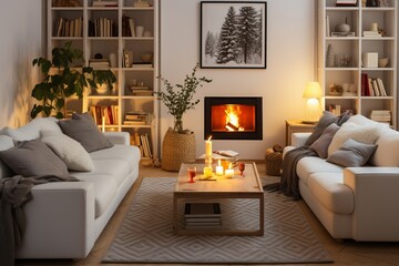 Fototapeta premium Cozy evening in a modern living room with warm fireplace glow and soft decor. Generative AI