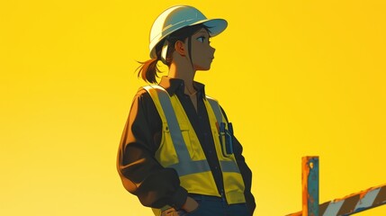 A young character in a repair worker uniform, wearing a yellow high-visibility vest, hard hat, and polo shirt, standing confidently with hands in pockets, symbolizing professionalism and readiness.