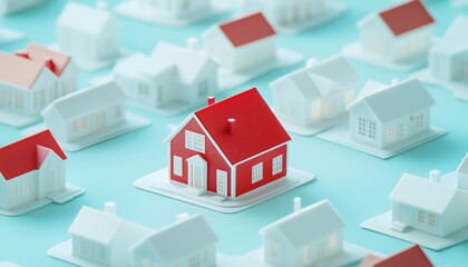 Miniature Red Toy Model House Among White Houses On Pastel Blue: A Unique Neighborhood Choice In Real Estate Property Industry.