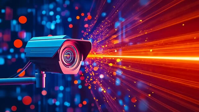 A sleek surveillance camera captures vibrant streams of data and light at night. The mood is high-tech and futuristic, emphasizing security in a digital world filled with color and energy.
