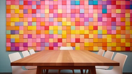Creative workspace featuring a vibrant wall of color blocks and a wooden table. Generative AI