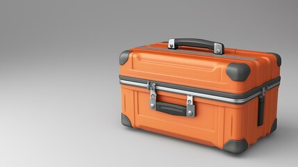 An orange suitcase with a handle and metal accents for travel.
