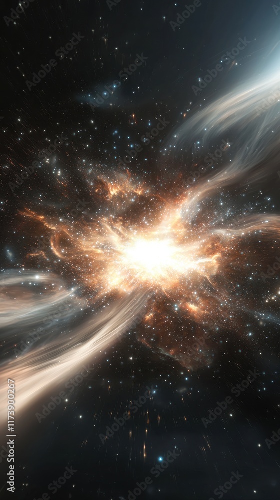 Poster dynamic galaxy explosion with shimmering particles cosmic space visual art stellar environment abstr