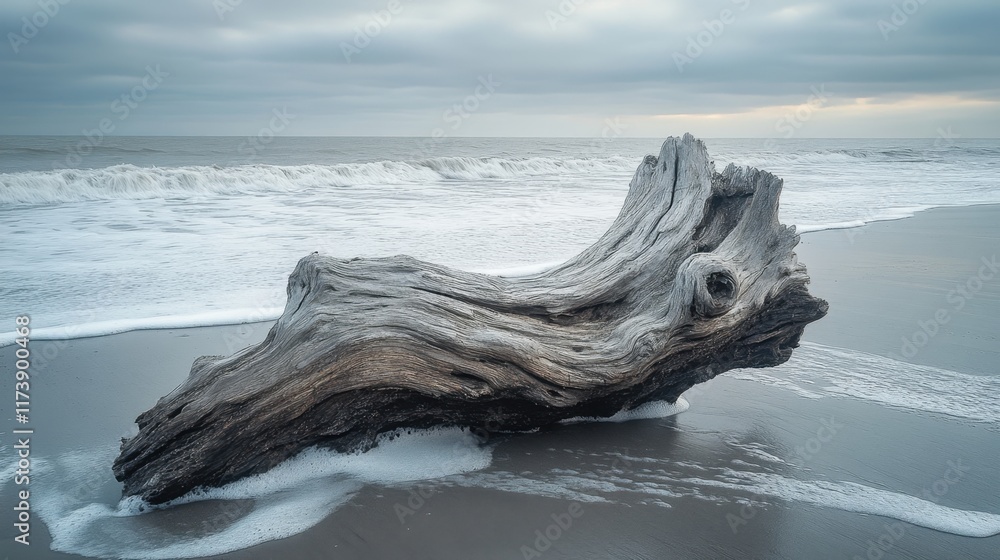 Poster driftwood rests on a quiet beach as waves gently lap at its weathered surface under a cloudy sky. ge