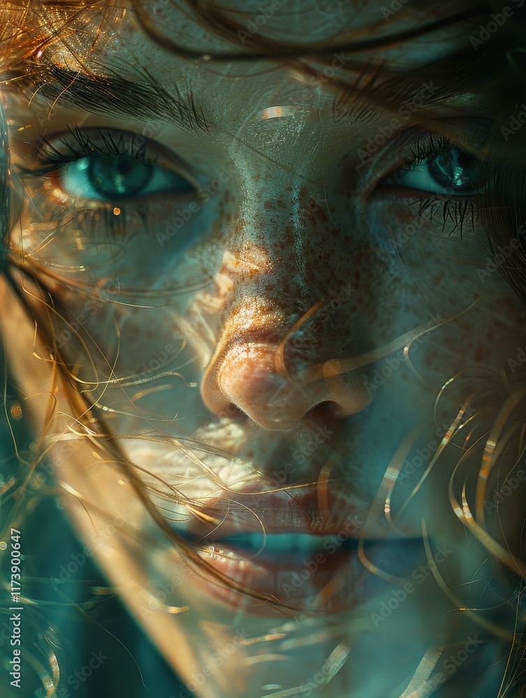 Poster a close-up portrait of a person with freckles and flowing hair, creating an ethereal effect.