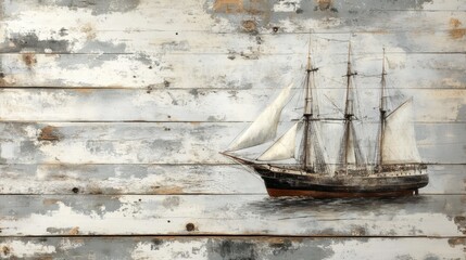 Vintage sailing ship gracefully navigates a calm sea, painted on weathered wooden planks with a touch of nostalgia. Generative AI