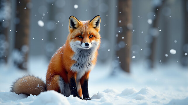 Red fox in winter forest, sit in the snow, day light