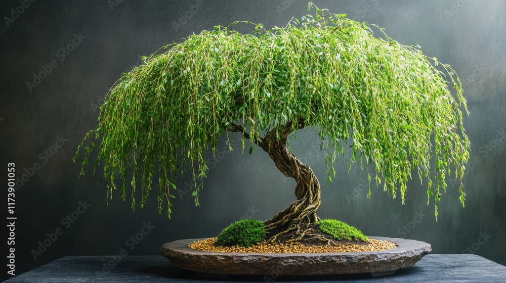 Poster bonsai tree with elegant cascading leaves sits gracefully in its natural setting, showcasing intrica