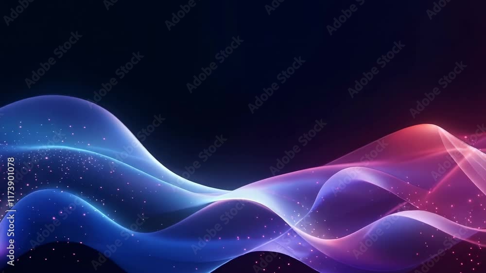 Poster Pink and blue particles flowing and forming abstract waves on a dark background, creating a mesmerizing and futuristic atmosphere, perfect for digital art projects